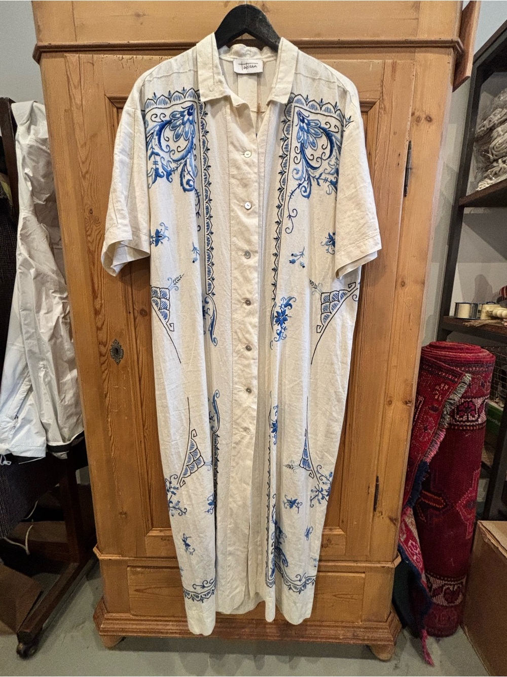 Able Cream Maxi Shirt Dress with Blue Scrolls